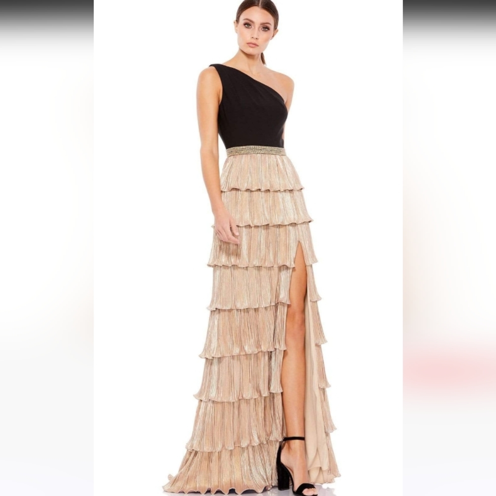 Mac Duggal Tiered One Shoulder Thigh High Slit Dress
